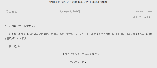 央行:将在9月14日至9月17日开展隔夜逆回购操作 每日操作量不超过6000亿元